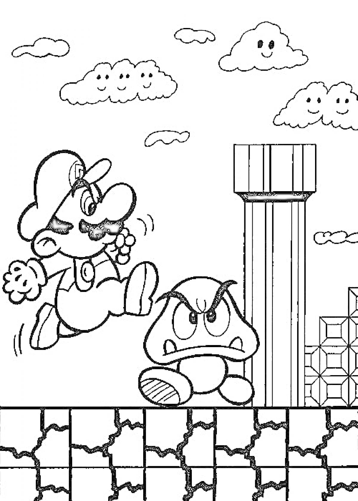 Раскраска Марио прыгает через Гумба и блоки на платформе с облаками на заднем плане