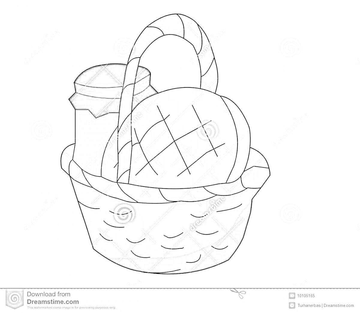 Раскраска Корзина для пикника с банкой и буханкой хлеба