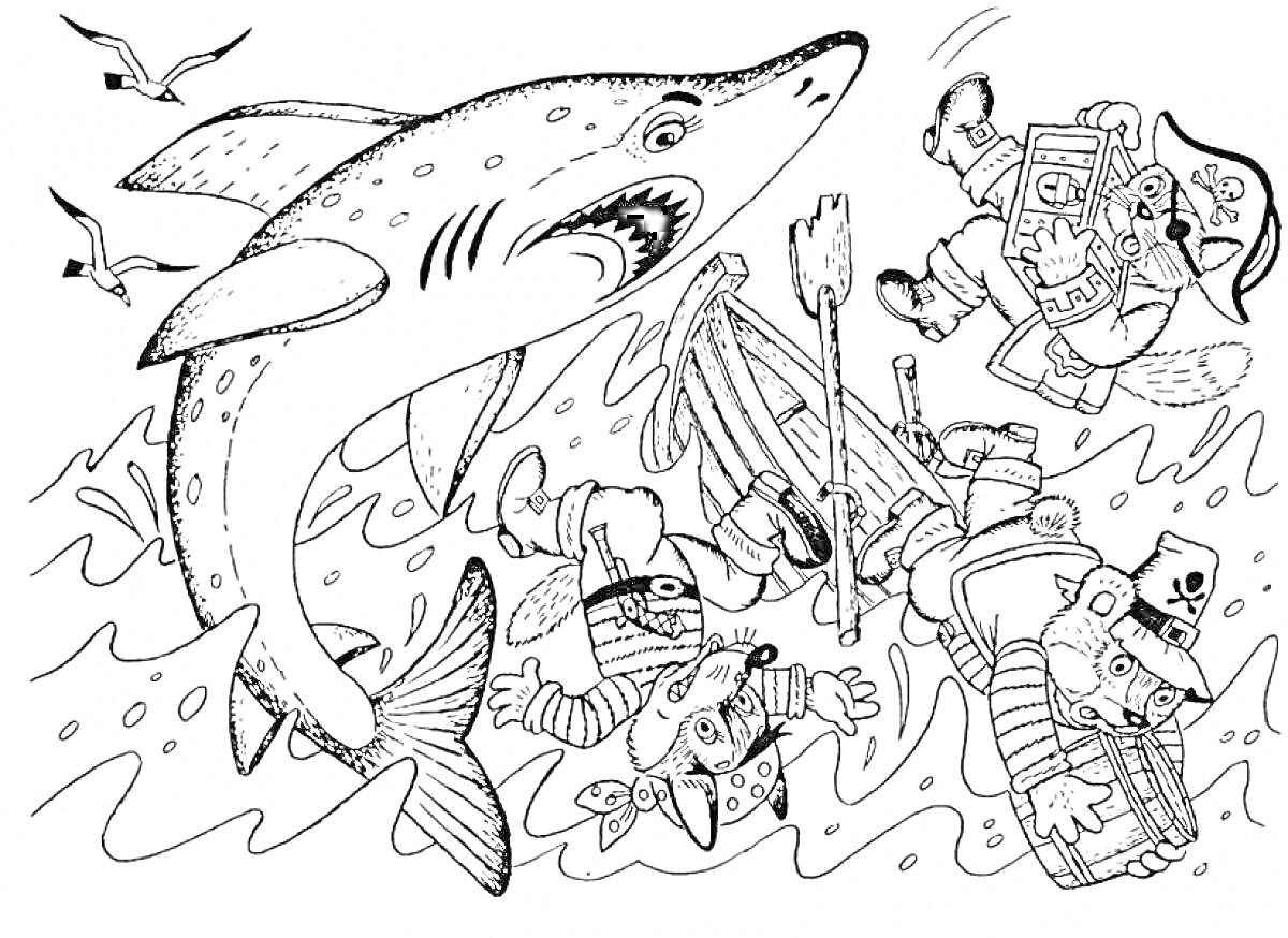 На раскраске изображено: Пираты, Вода, Лодка, Чайки, Море, Опасность, Приключения, Акулы