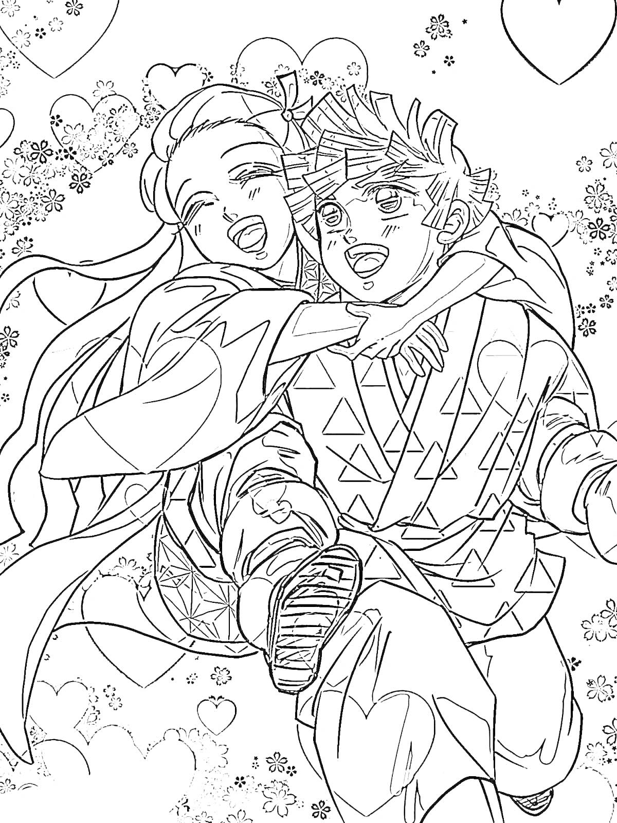 Раскраска Незуко и Зеницу, обнимающиеся на фоне цветов и сердечек
