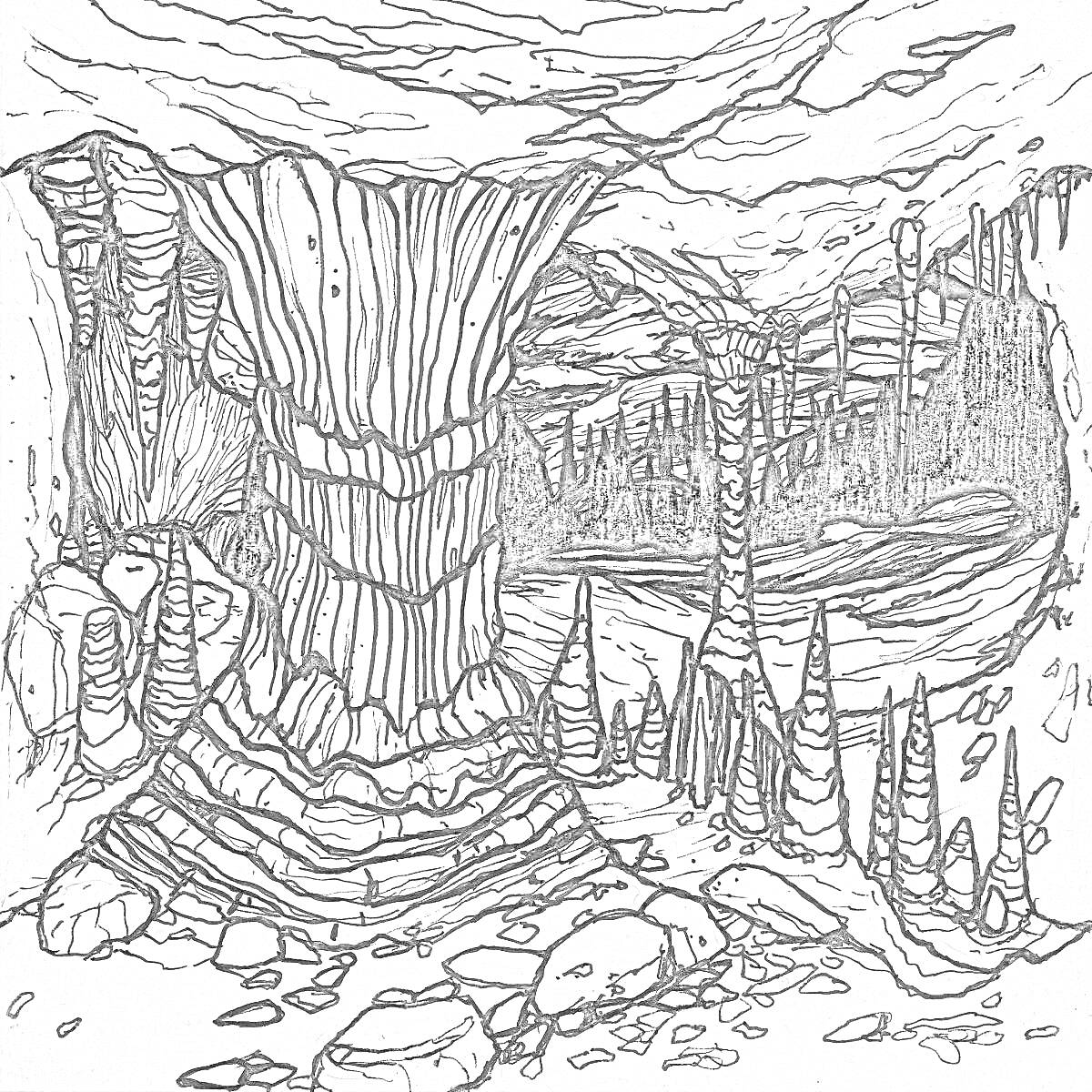 Раскраска Сцена в пещере с каменными колоннами и сталактитами