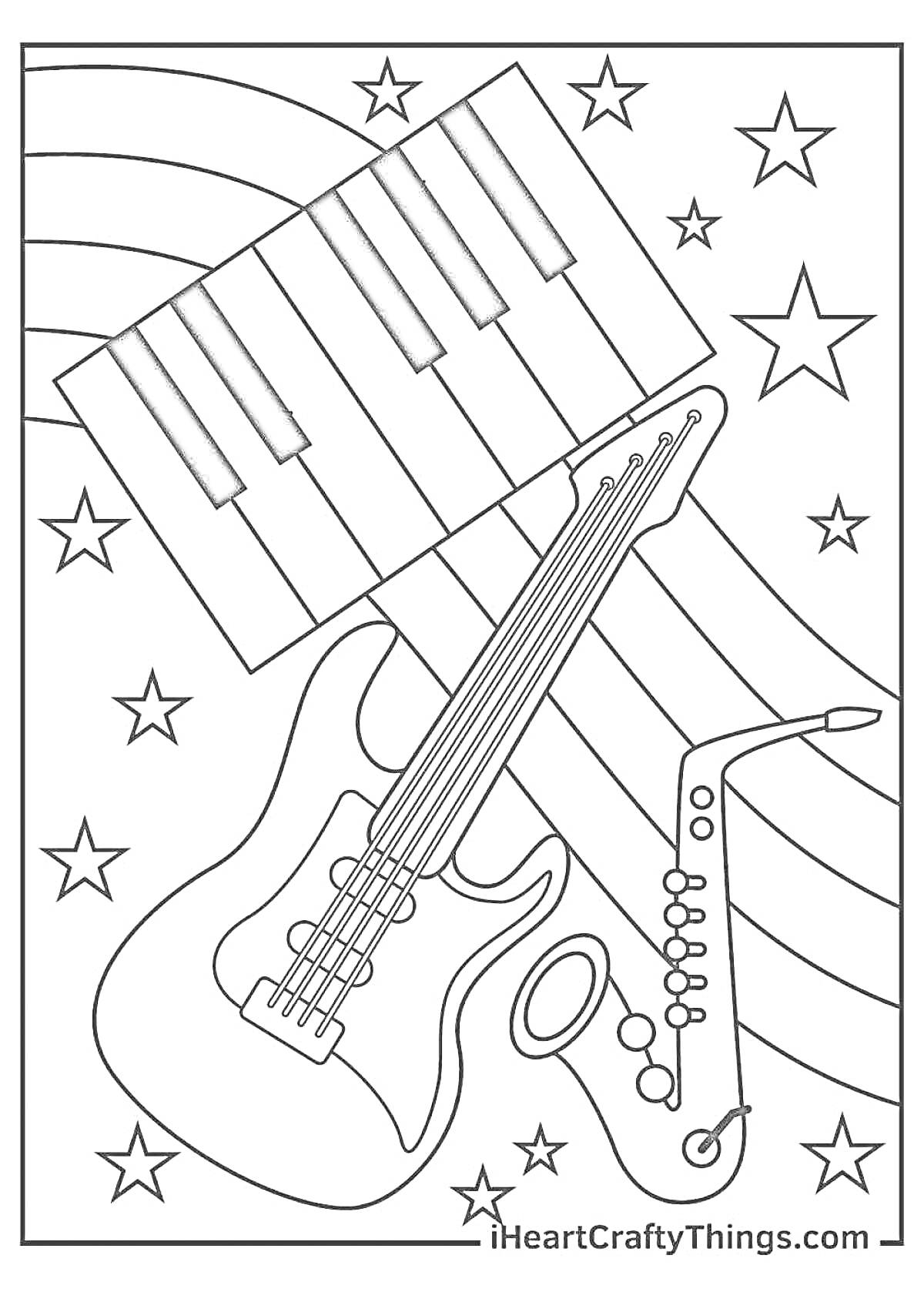 Раскраска Клавиши, гитара и саксофон на фоне звёздочек и разноцветных полос