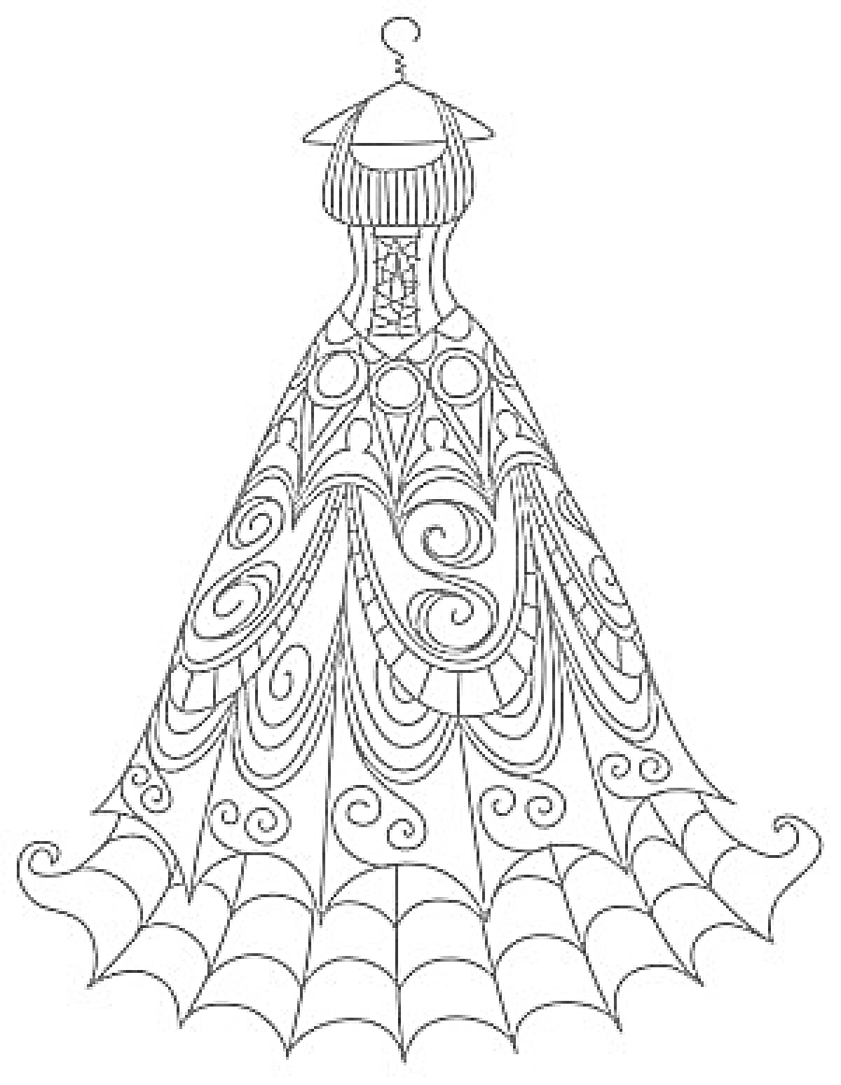 Длинное платье с завитками и узором паутины