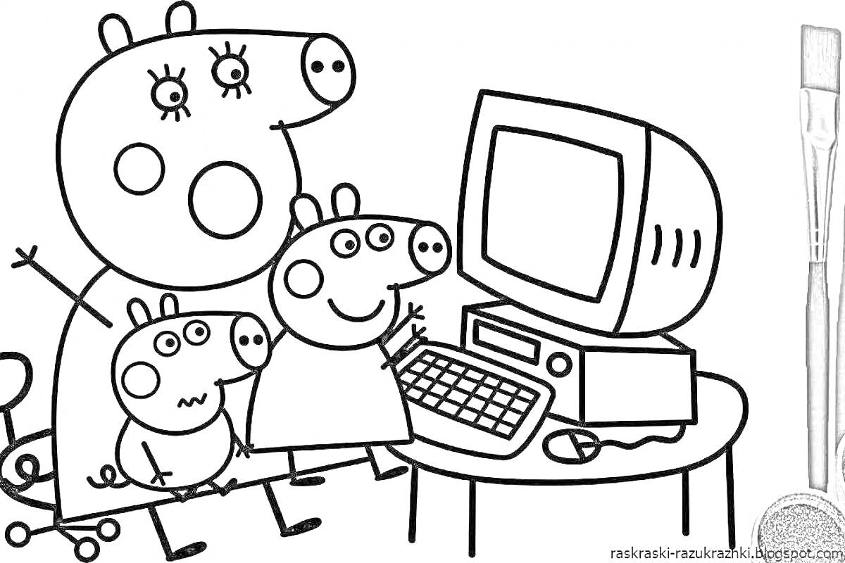 На раскраске изображено: Семья, Компьютер, Клавиатура, Стол, Родители, Офис, Из мультфильмов, Для детей