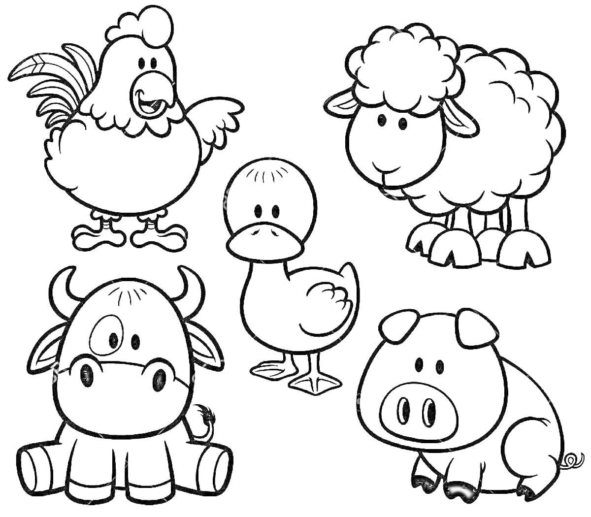 Раскраска Петух, овца, утёнок, корова и свинья