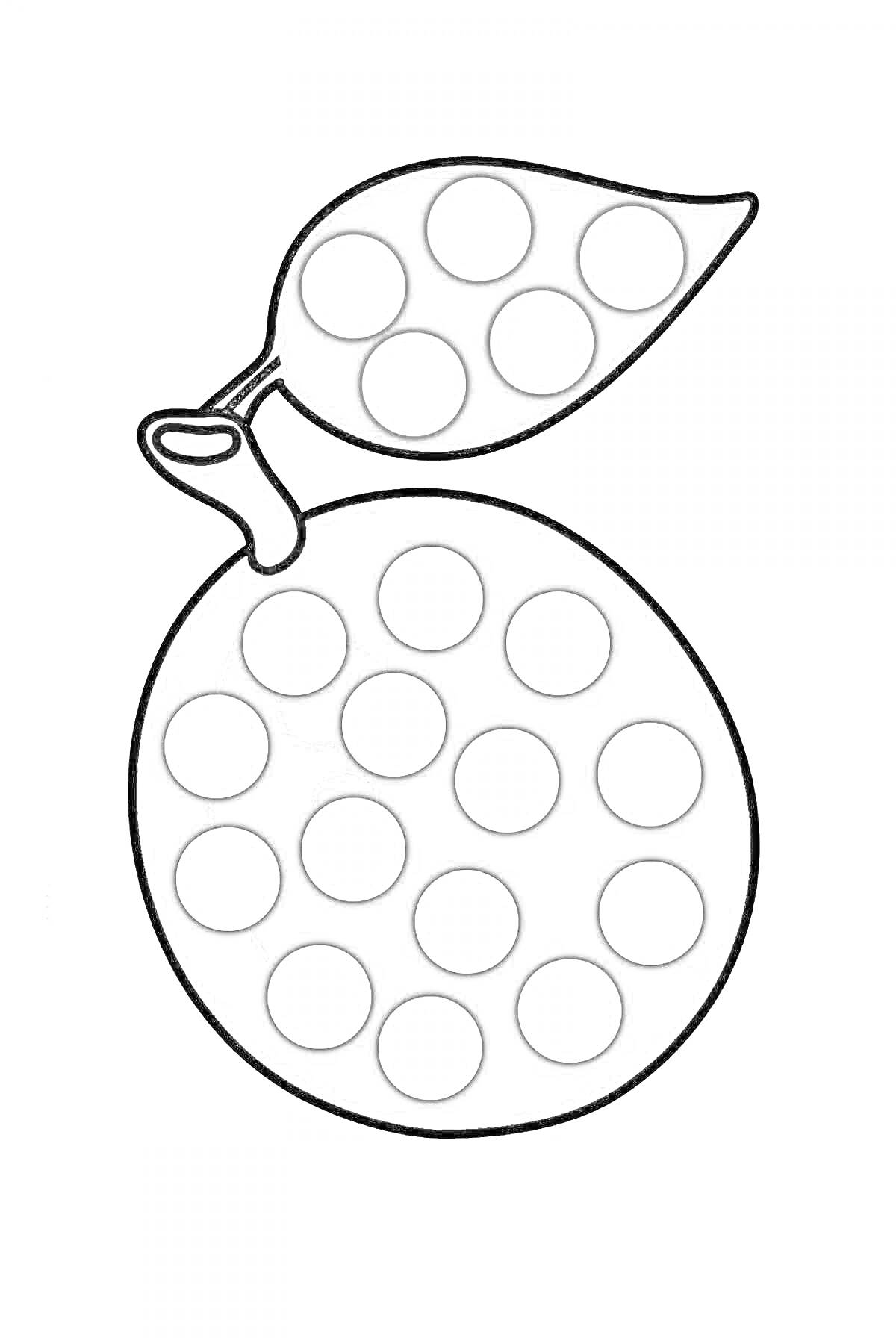 Раскраска яблоко с листом и кружками внутри для заполнения пластилином