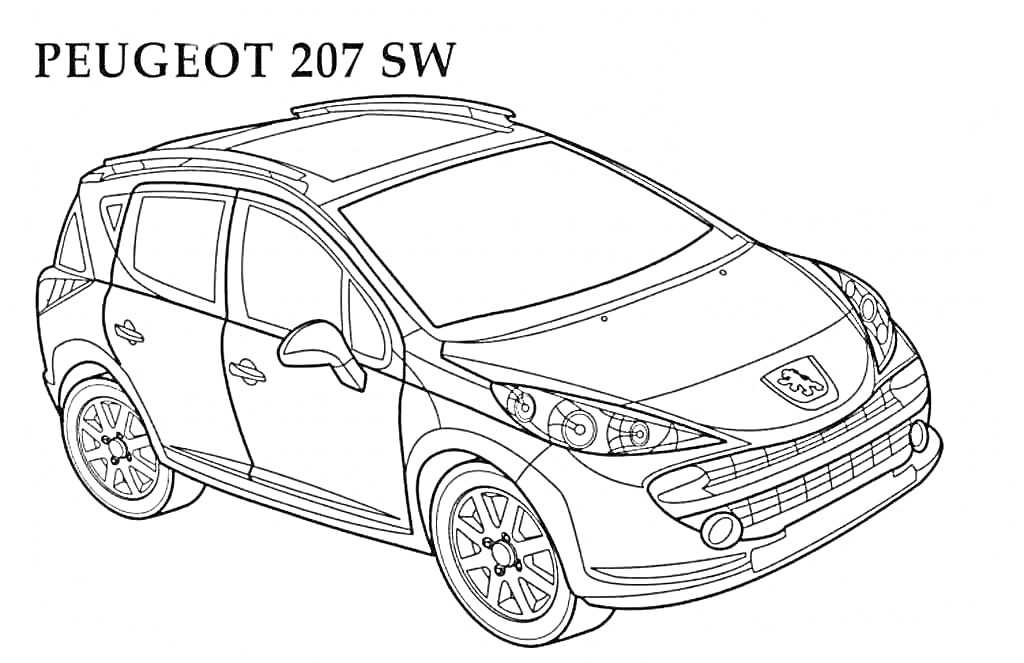 Раскраска PEUGEOT 207 SW с деталями кузова, колесами, фарами и зеркалами