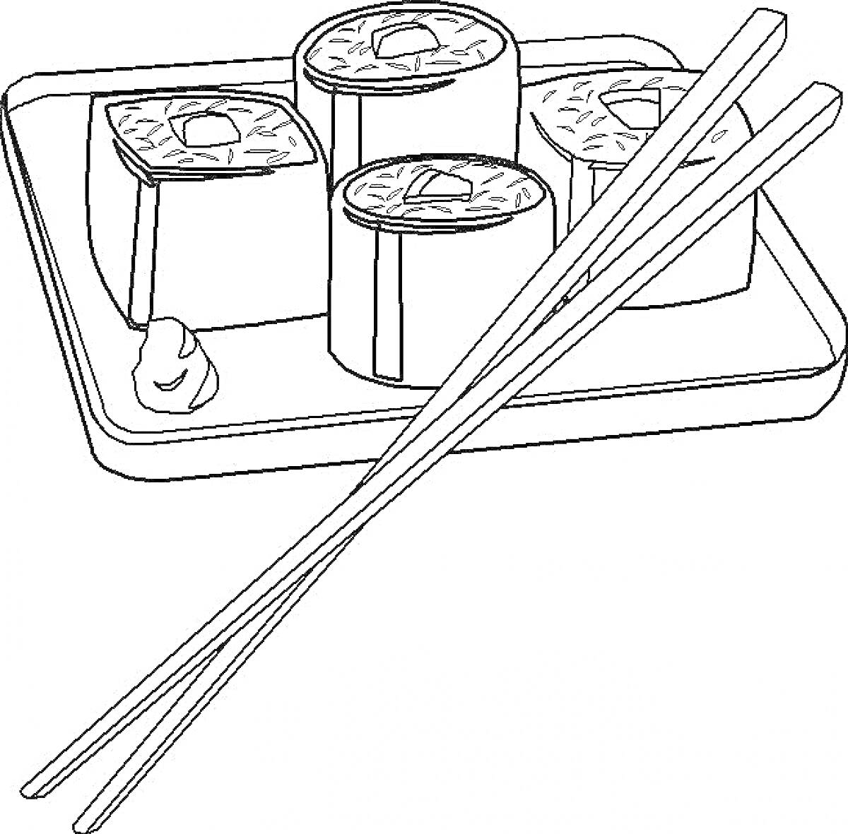 На раскраске изображено: Суши, Роллы, Тарелка, Васаби, Еда, Японская кухня