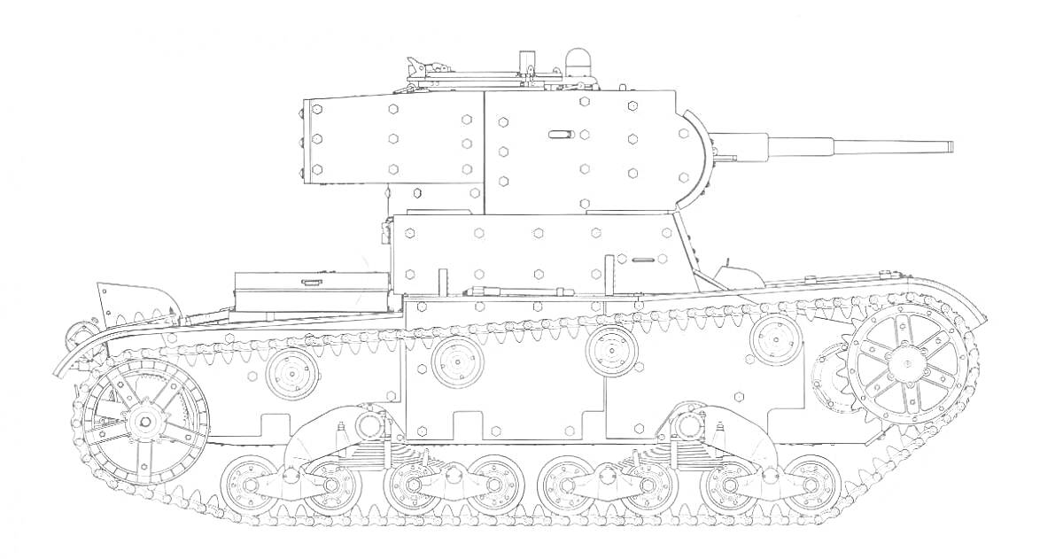 Раскраска Танк Т-35, вид сбоку, детали корпуса, гусеницы, башня с пушкой, ходовая часть, механизмы опорных и ведущих колёс