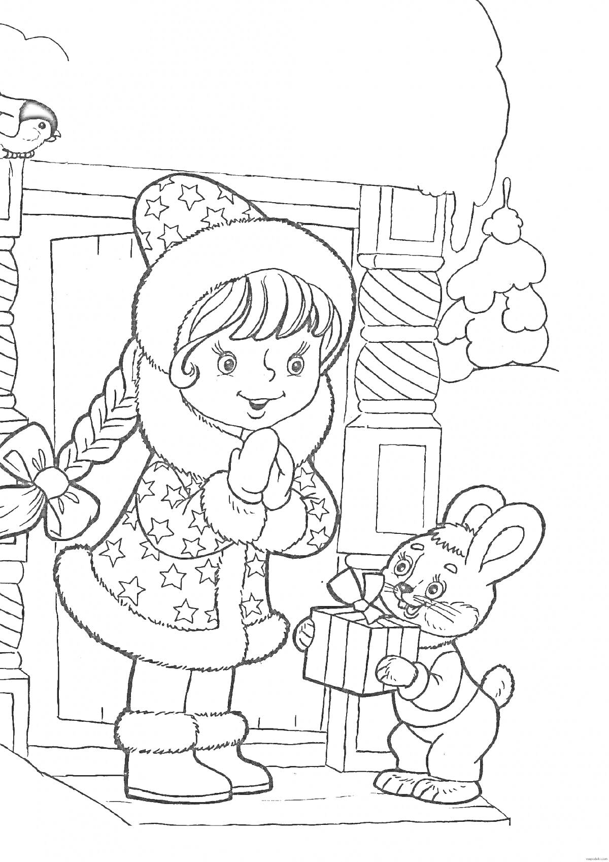 Раскраска Девочка Снегурочка в зимней одежде и плетеной косой, стоящая у домика, леденец на стене, снегирь на крыше и дарящий подарок зайчик