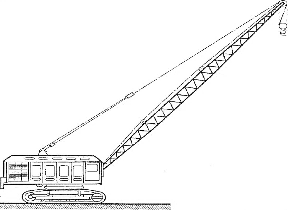 Раскраска Башенный кран с длинной стрелой и крюком на гусеничной тележке