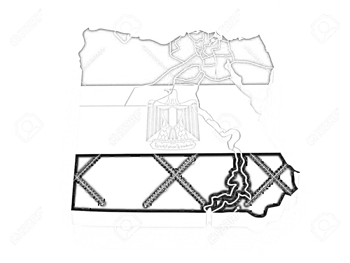 Раскраска Контурная карта Египта с флагом Египта, с границами и рекой Нил