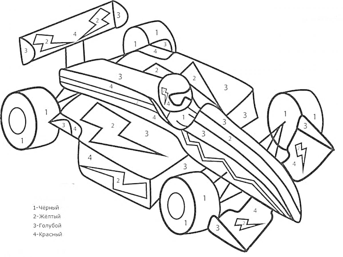 Раскраска Гоночный автомобиль с молниями и водителем