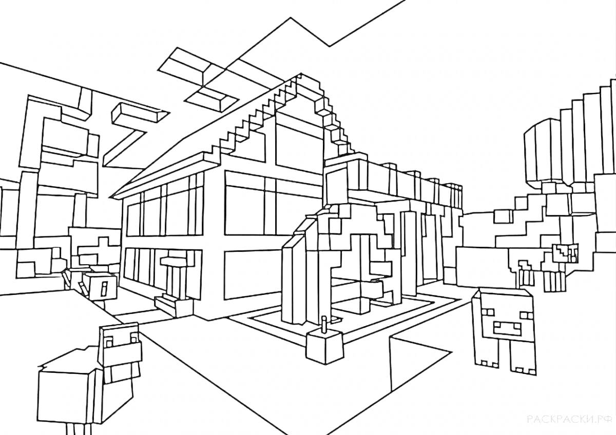 На раскраске изображено: Майнкрафт, Дом, Животные, Кубы, Пиксель-арт