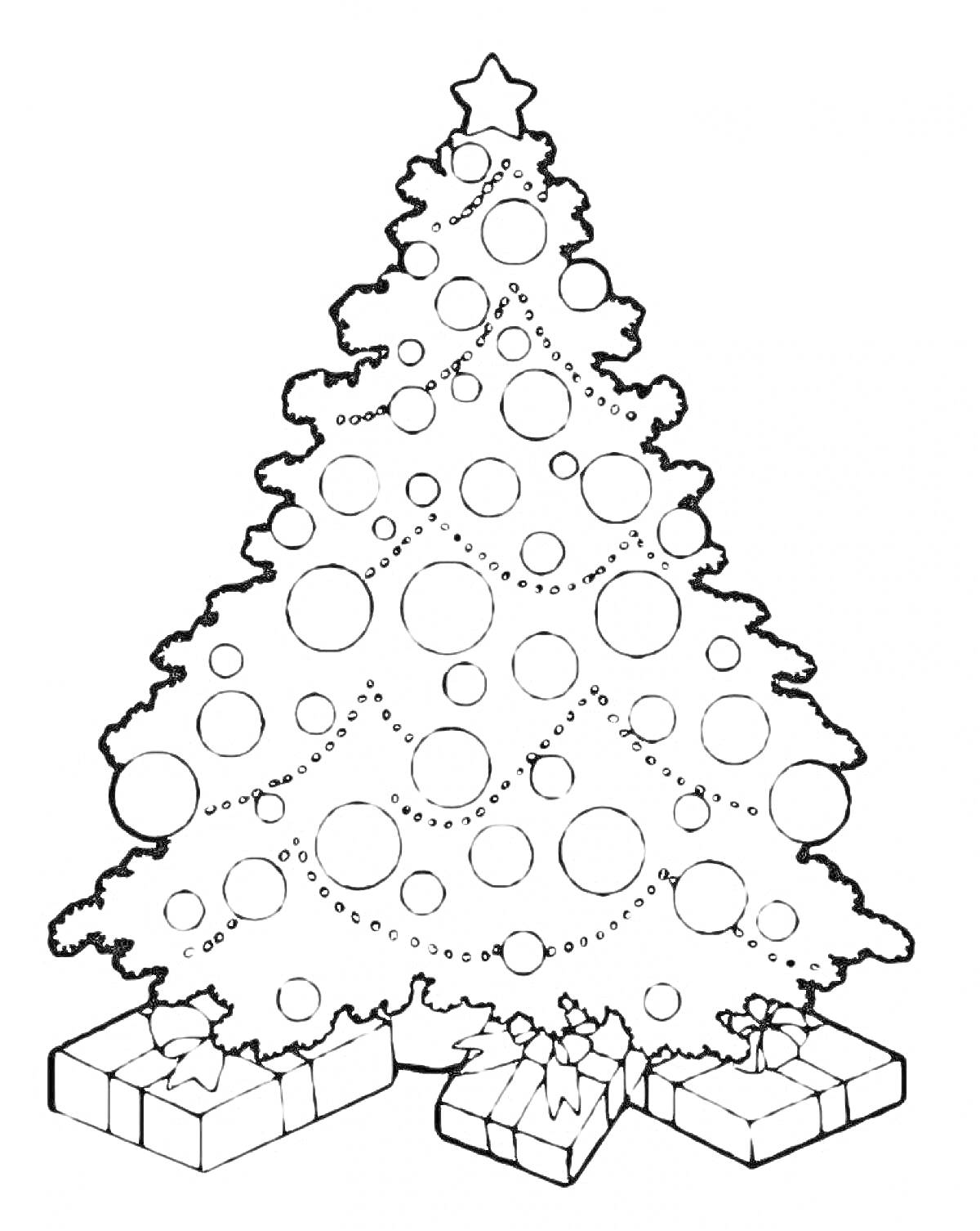 Раскраска новогодняя елка с шарами и подарками