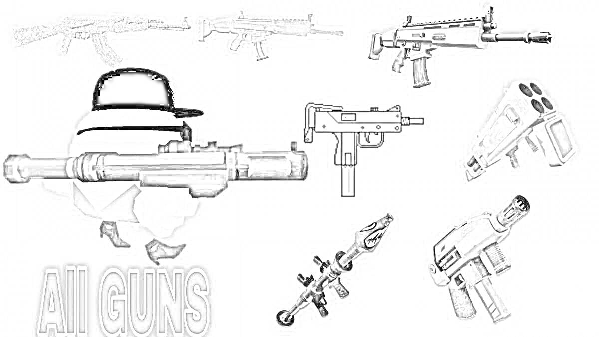 На раскраске изображено: Оружие, Гранатомет, Автомат, Пистолет-пулемет, Снайперская винтовка, Шляпа, Игра, Курицы