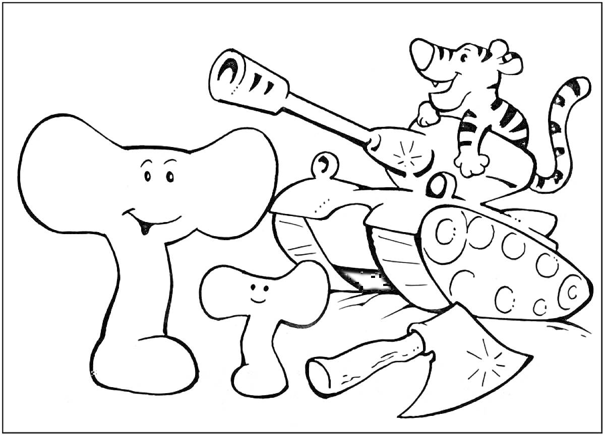 Раскраска Танкист на танке с тигром, топорами и грибами