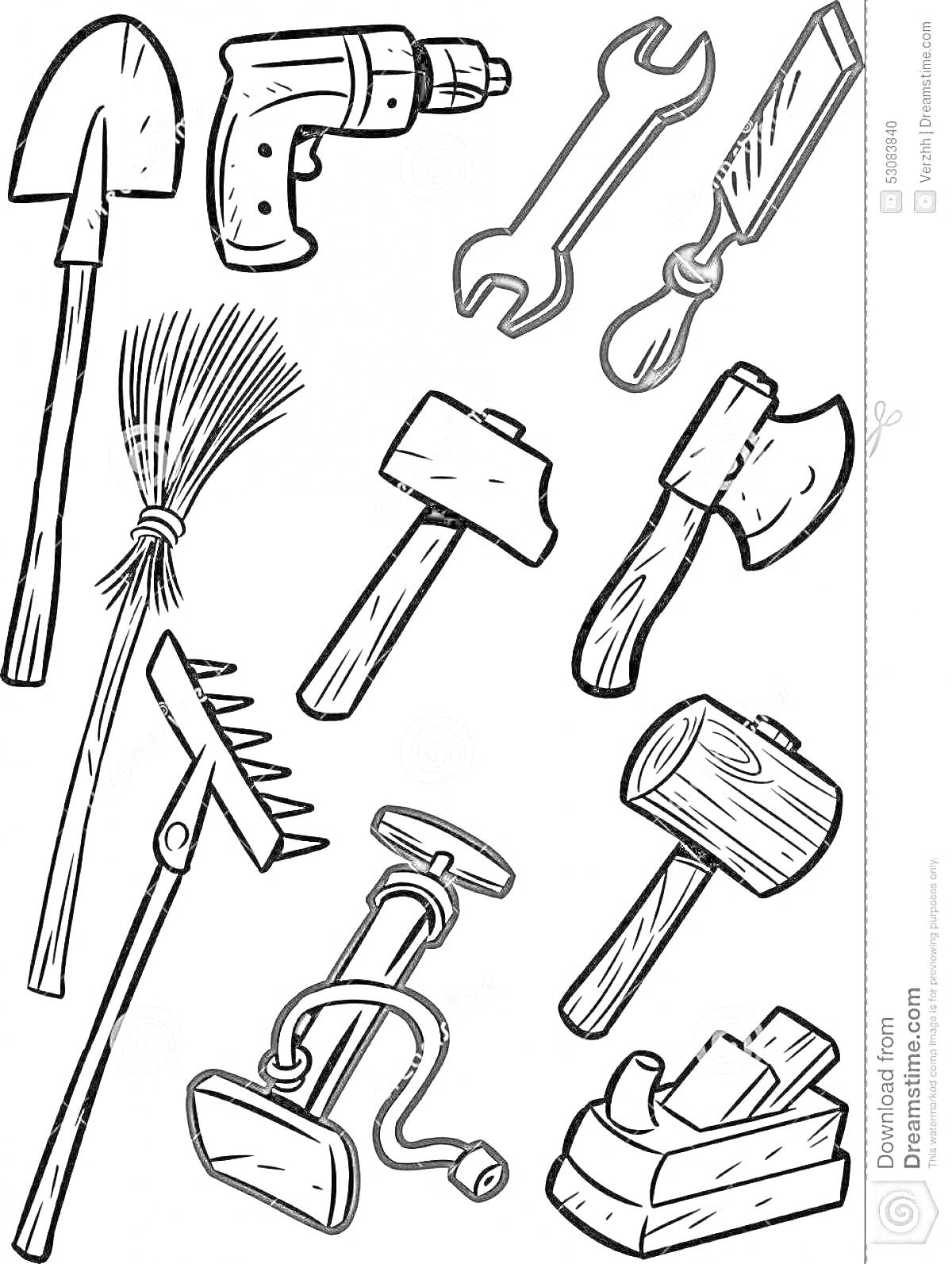 На раскраске изображено: Лопата, Дрель, Гаечный ключ, Метла, Молоток, Грабли, Ремонт, Строительство, Деревообработка, Инструмент, Топоры