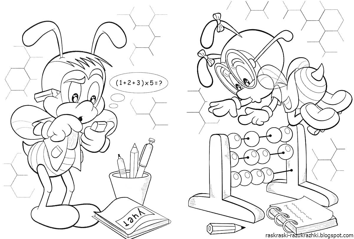 Раскраска Насекомые решают математические задачи с тетрадью, ручками и счетами