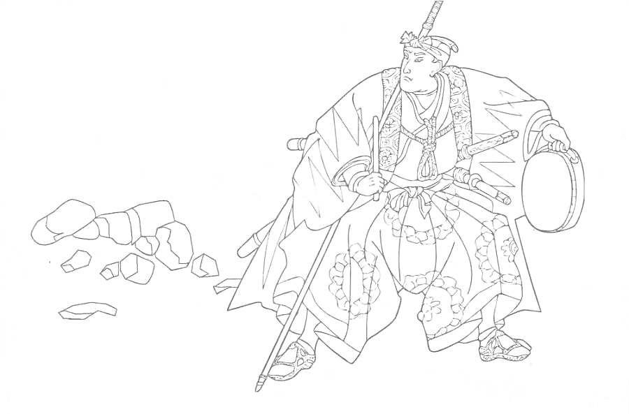 Раскраска Самурай в традиционной одежде с барабаном и валунами