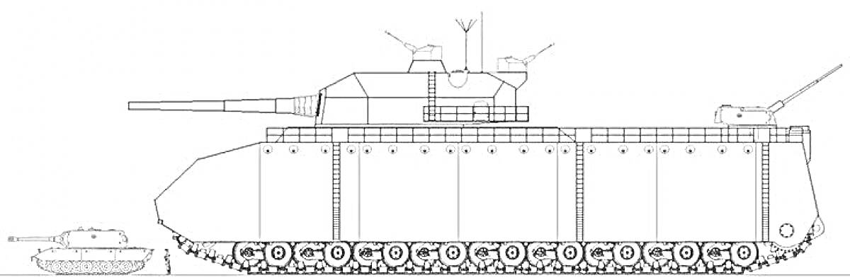 Раскраска Чертеж танка Dora Gherand с двумя характерными башнями и гусеницами, расположенный рядом с другим танком для масштаба