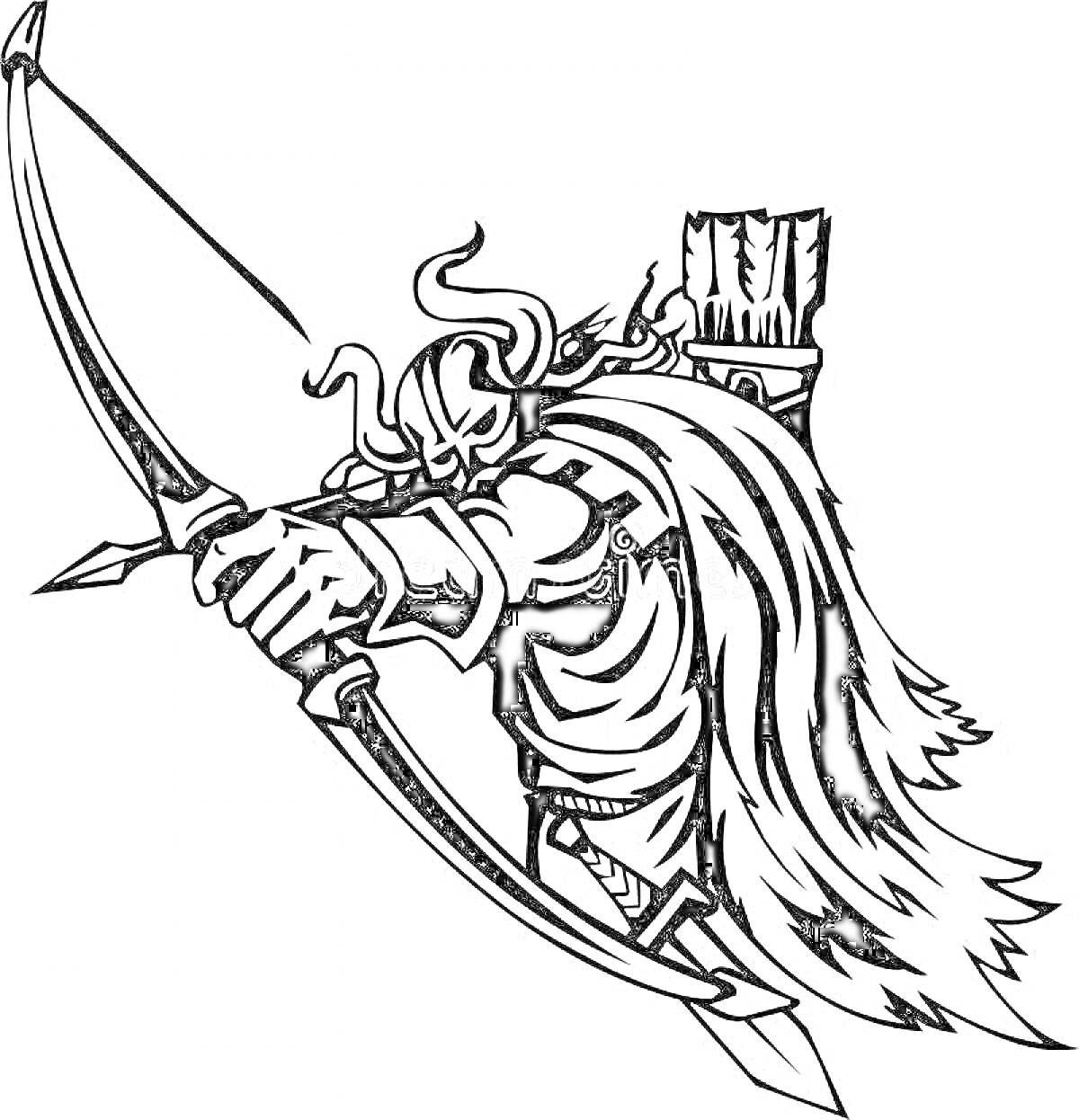 Раскраска Викинг-лучник с луком и стрелами в полете, в шлеме с рогами и длинным плащом