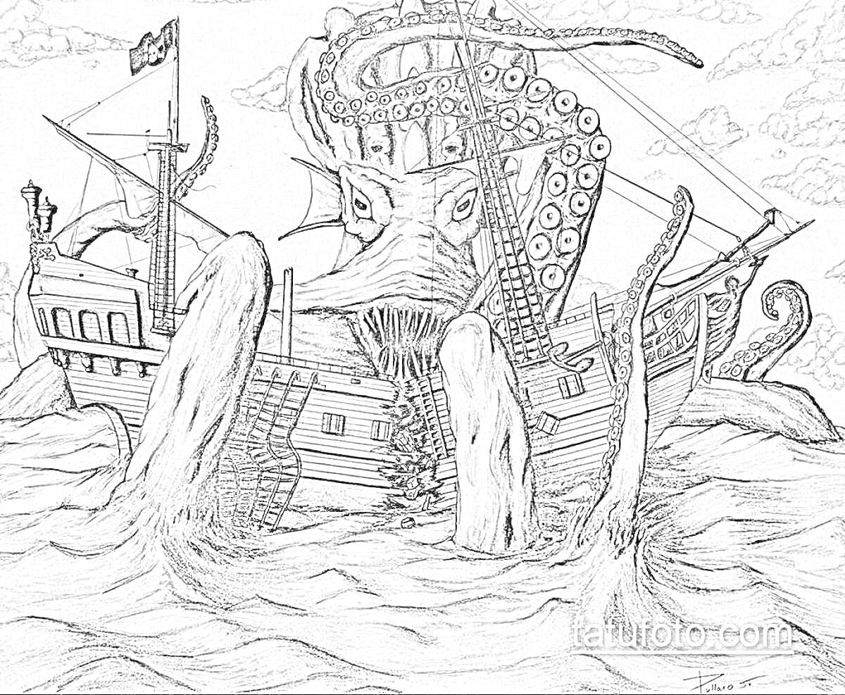 На раскраске изображено: Пиратский корабль, Море, Монстр, Волны, Корабль, Пираты, Океаны, Осьминоги