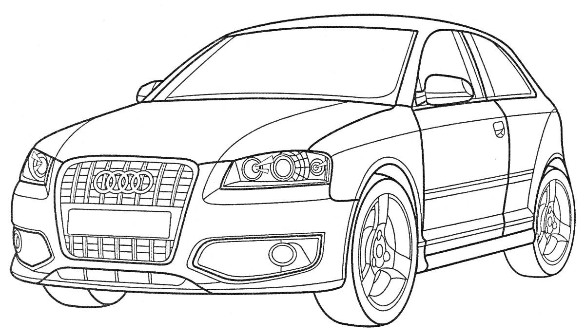 Раскраска Машина Ауди с передними фарами, решеткой радиатора, боковыми зеркалами, колёсами, дверями и передним бампером