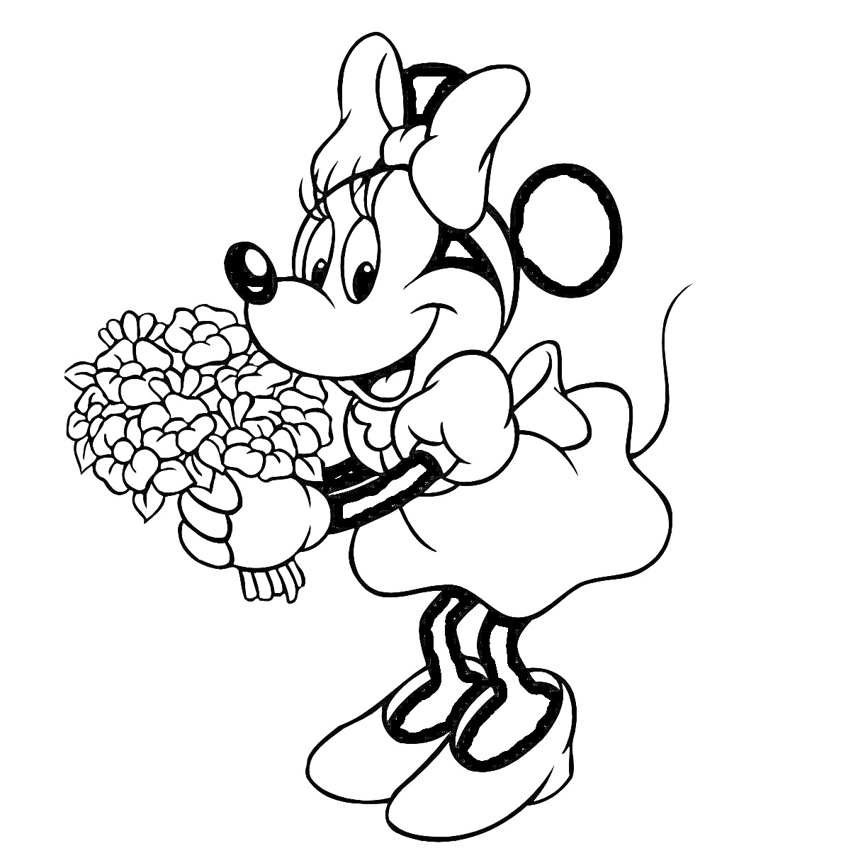 Раскраска Минни Маус с букетом цветов