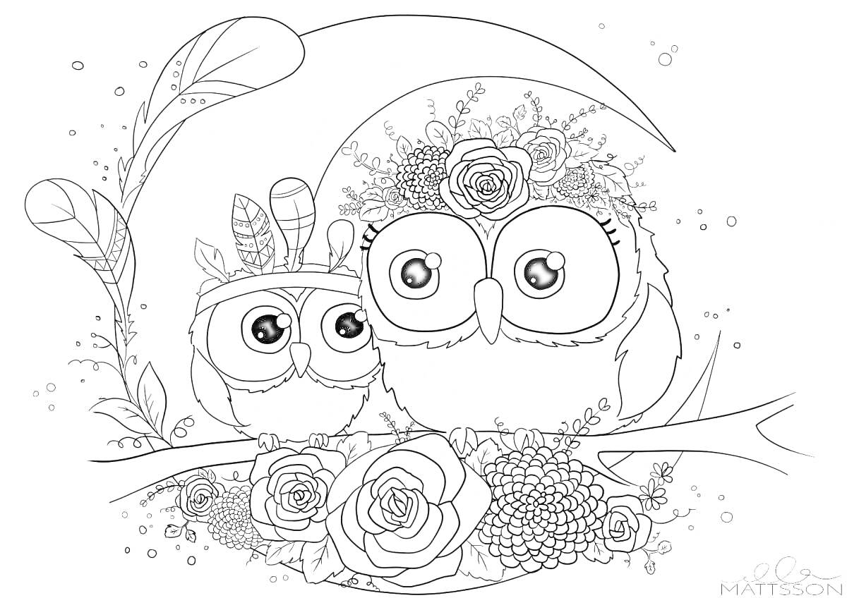 Раскраска Две совы на ветке с цветами и перьями под луной