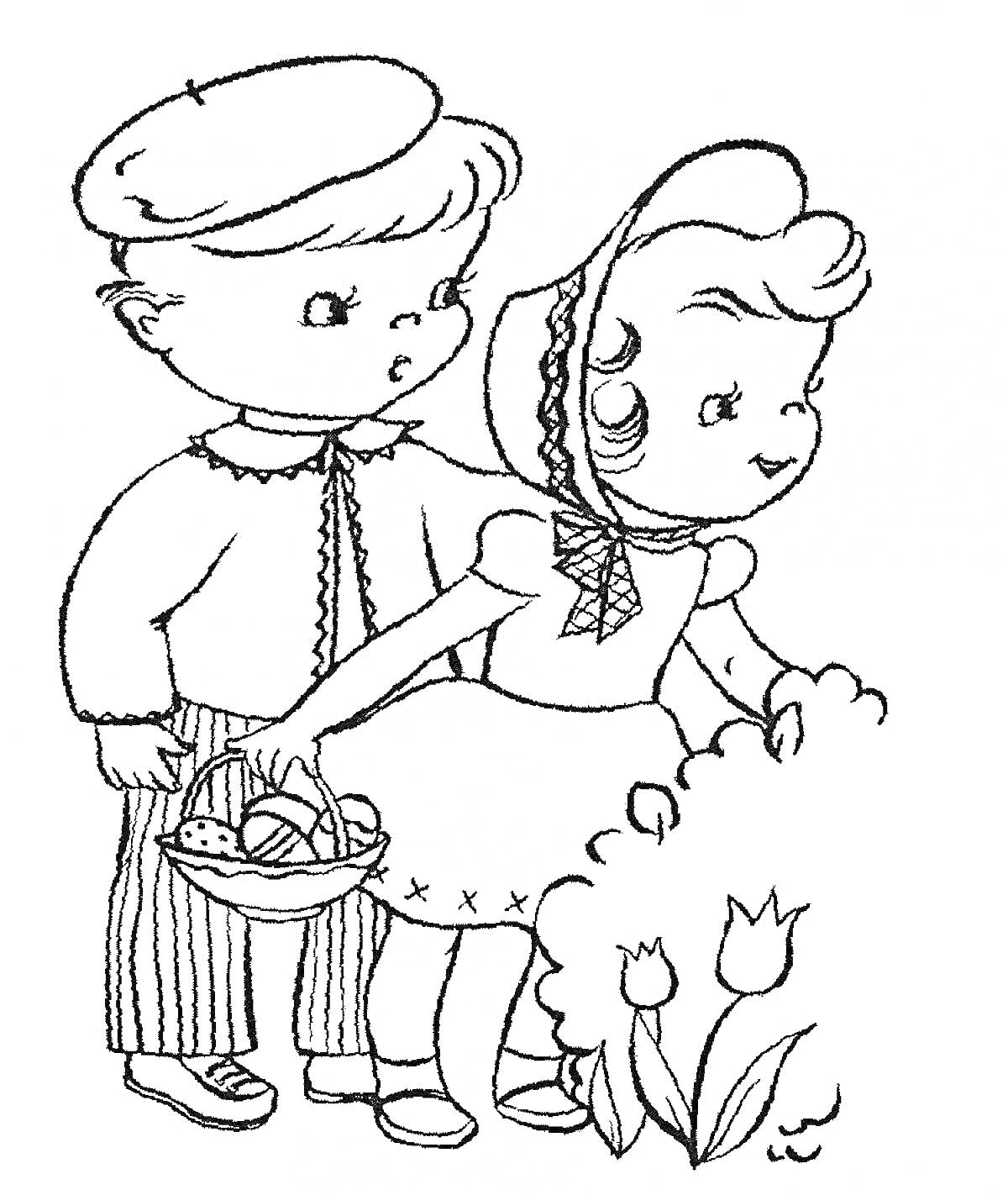 На раскраске изображено: Девочка, Мальчик, Корзинка, Цветы, Природа, Кусты