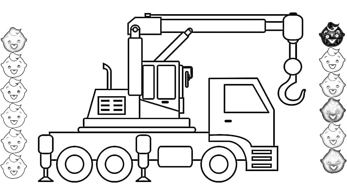 Раскраска грузовик-кран с платформой, крюком, кабиной водителя и колесами
