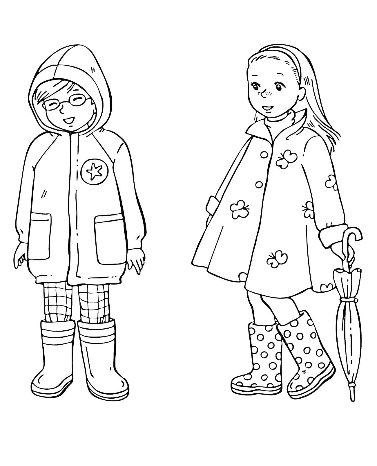 Раскраска Девочка и мальчик в дождевиках с зонтом