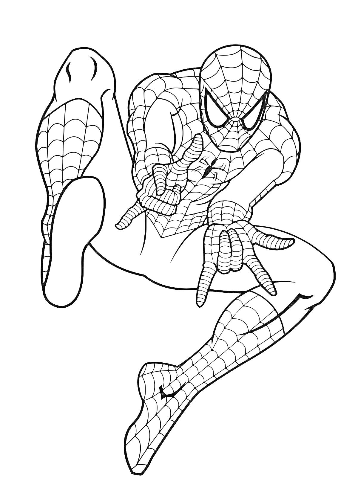 РаскраскаЧеловек-паук в прыжке, стреляющий паутиной