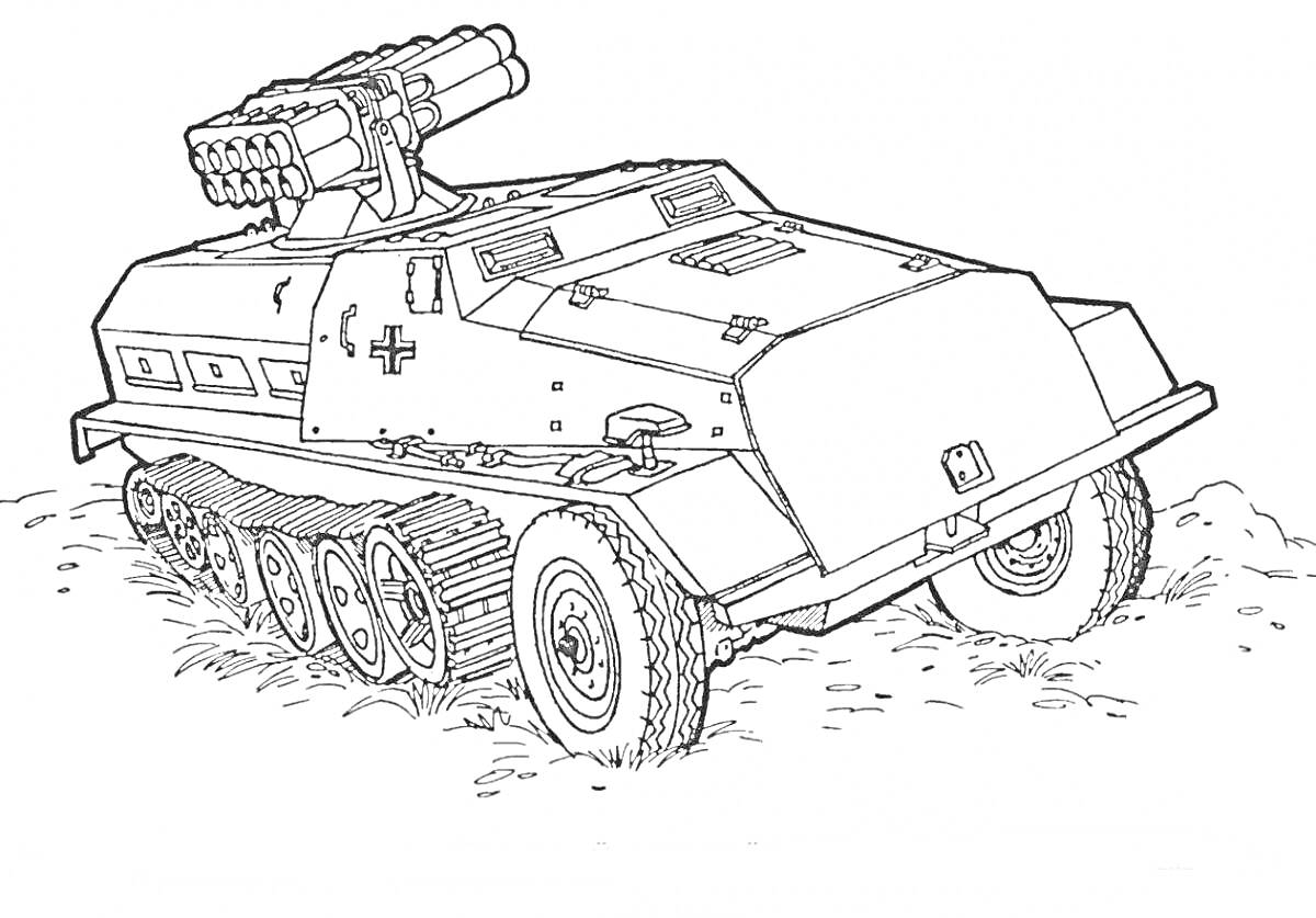 Раскраска Бронированная гусеничная машина с ракетной установкой