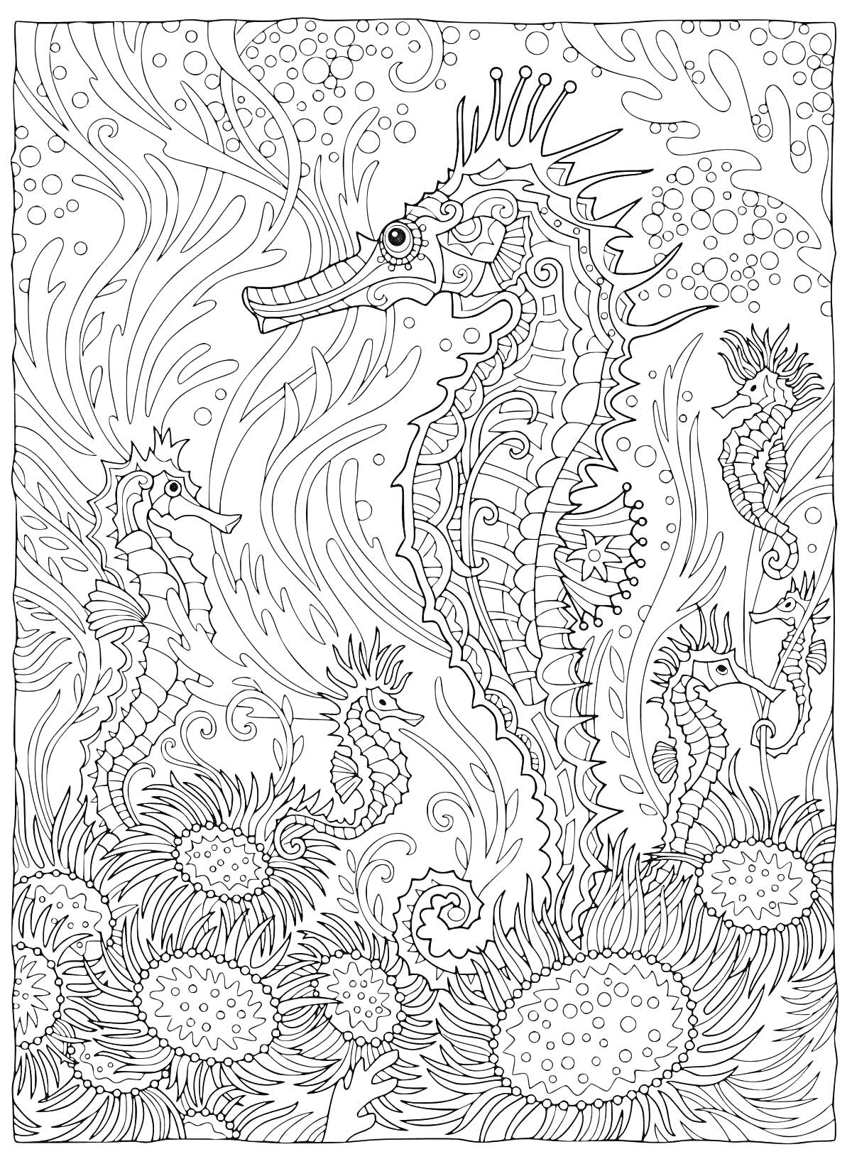 На раскраске изображено: Подводный мир, Морские коньки, Антистресс, Цветы, Пузыри, Море