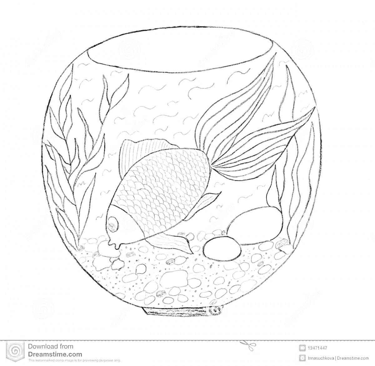 Раскраска Круглый аквариум с растениями, рыбкой и камнями
