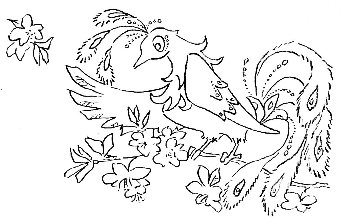 Раскраска Жар Птица с цветами и перьями