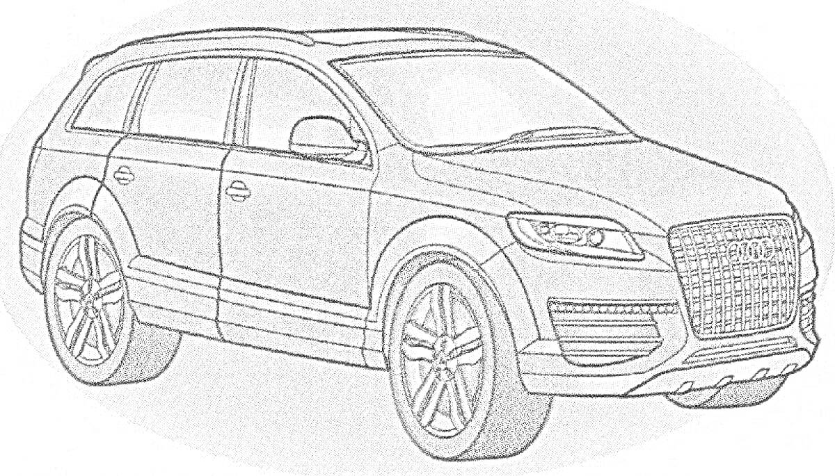 На раскраске изображено: Audi, Внедорожник, Колёса, Окна, Фары