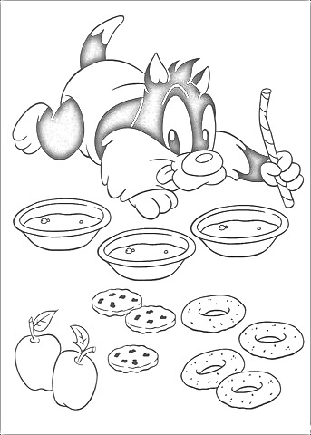Раскраска Кот из Луни Тюнз с палочкой, миски с едой, пироги, пончики и яблоки