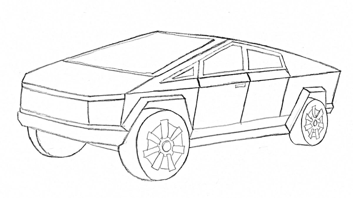 Электрический автомобиль Tesla Cybertruck с угловатым дизайном и массивными колесами