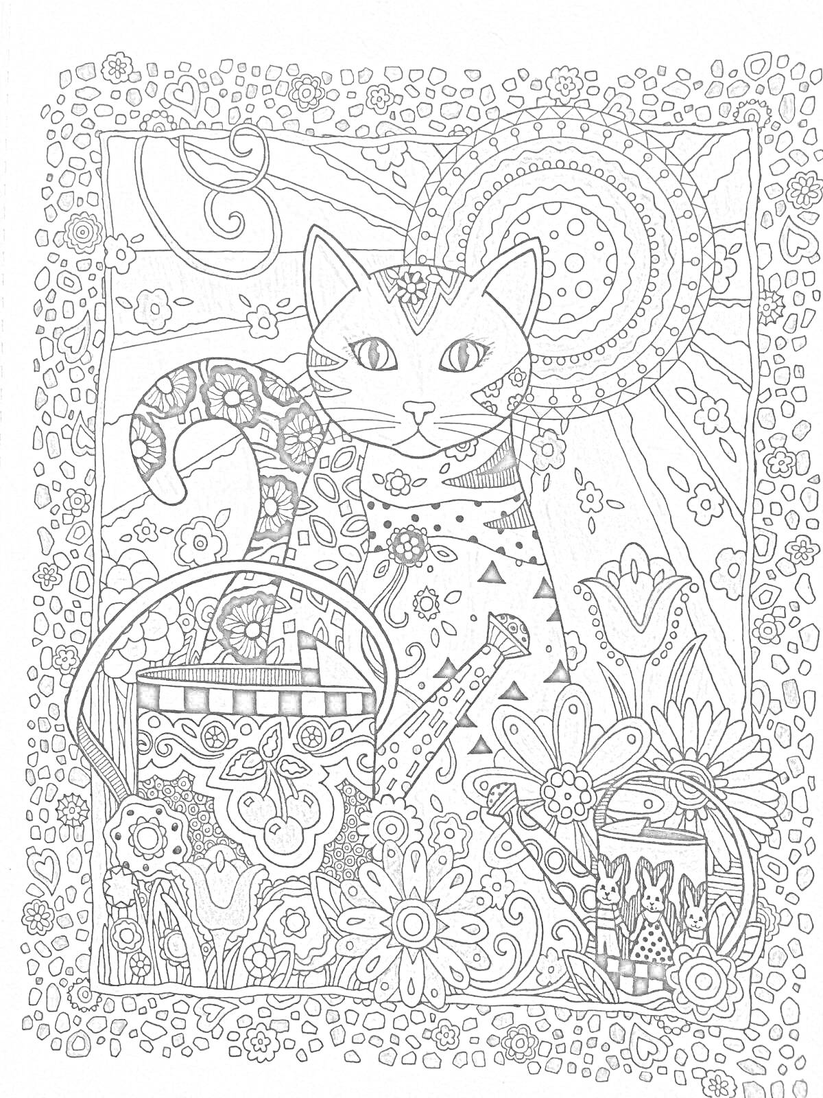 Раскраска Радужный котик среди цветов и узоров
