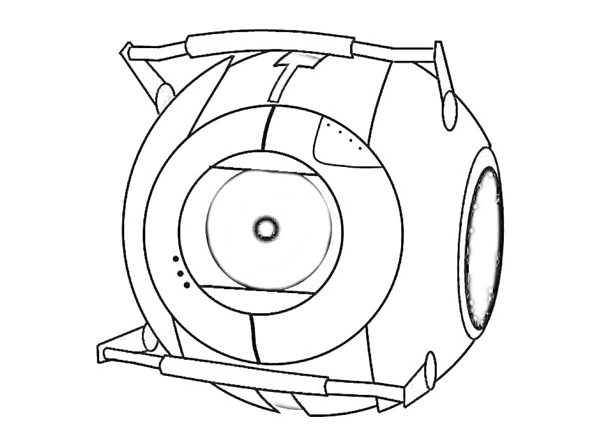 На раскраске изображено: Portal 2, Робот, Сфера, Игра, Научная фантастика, Персонаж, Робототехника