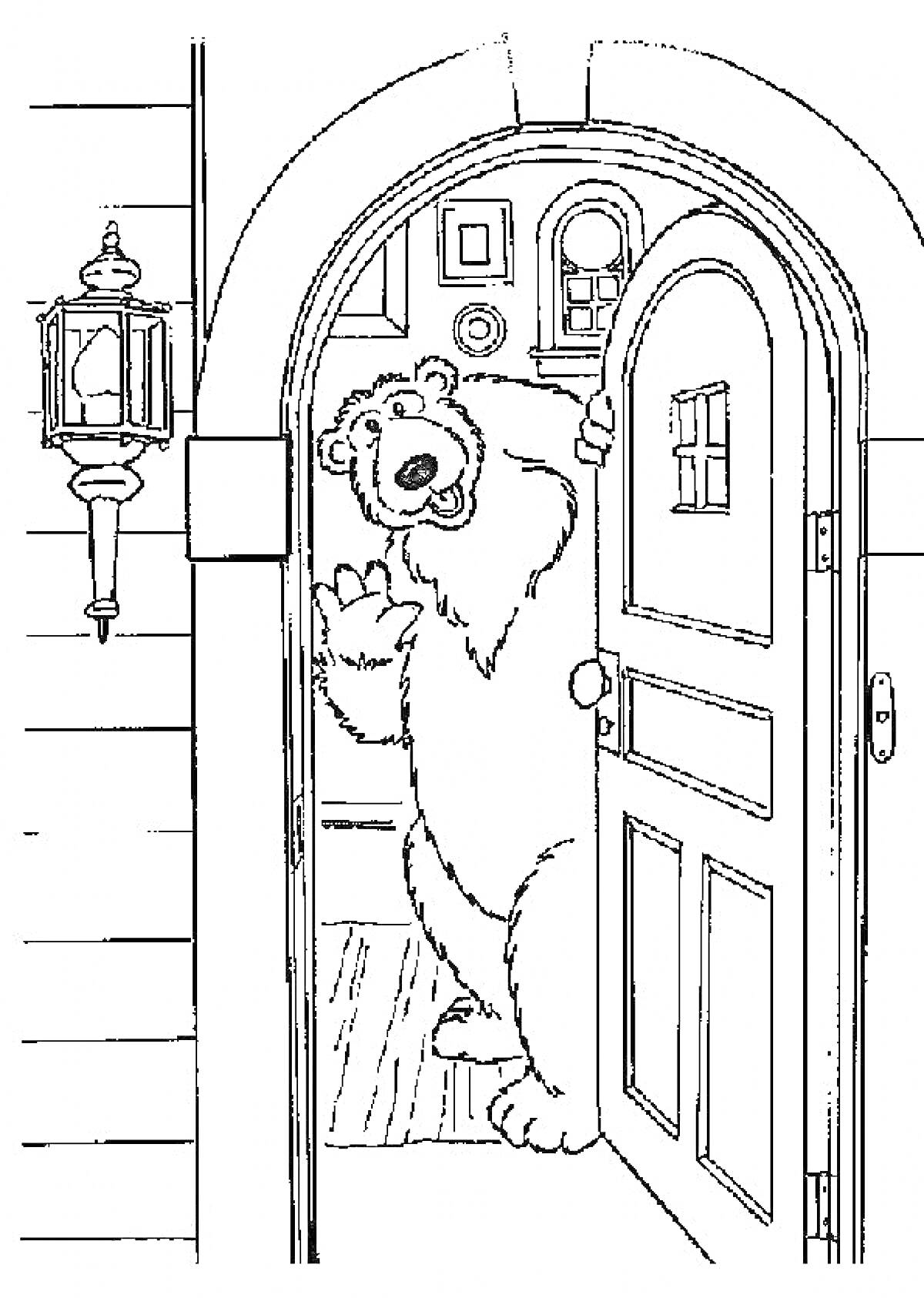 Раскраска Медведь, выглядывающий из-за двери с фонарем на стене и картинами внутри дома