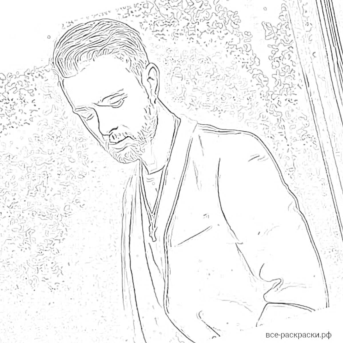 Раскраска Мужчина в пиджаке на фоне двери и зелёных растений