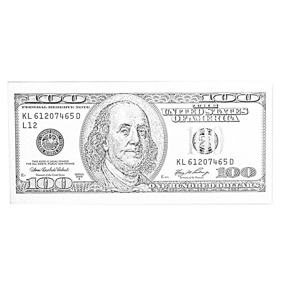Раскраска 100 долларовая купюра с портретом Бенджамина Франклина, серийным номером KL 6120765D, и надписями 