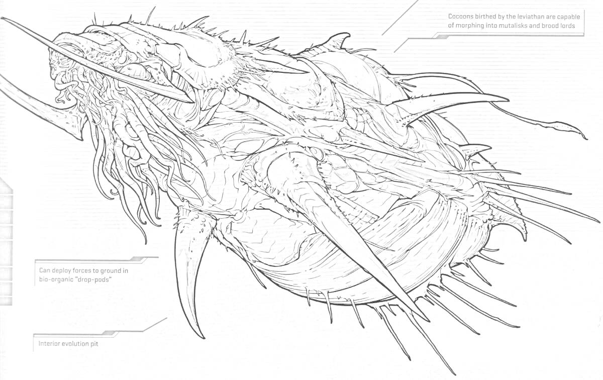 На раскраске изображено: Левиафан, Шипы, Щупальца, Монстр, Фантастика, Арт