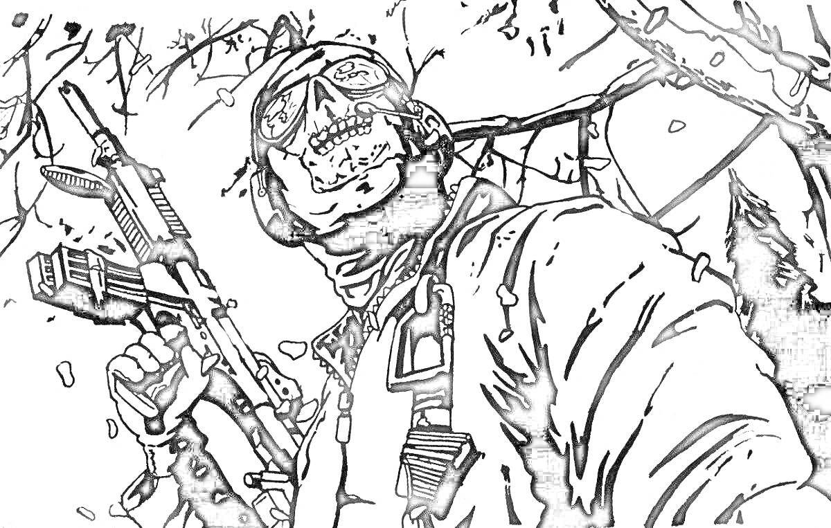 Раскраска Солдат с черепом в маске, в наушниках, с автоматом, на фоне ветвей