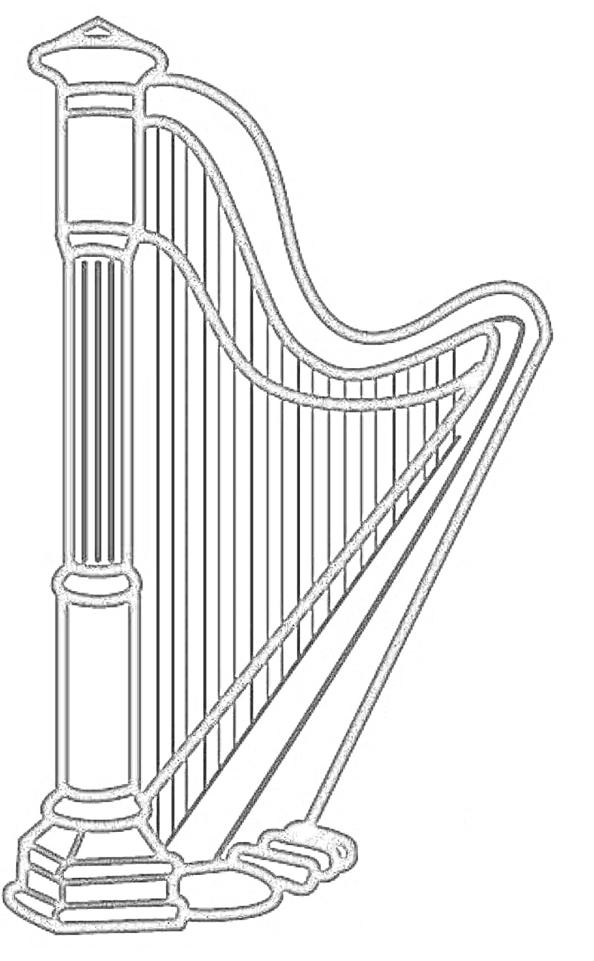 На раскраске изображено: Арфа, Музыкальный инструмент, Струны, Подставка, Колонны