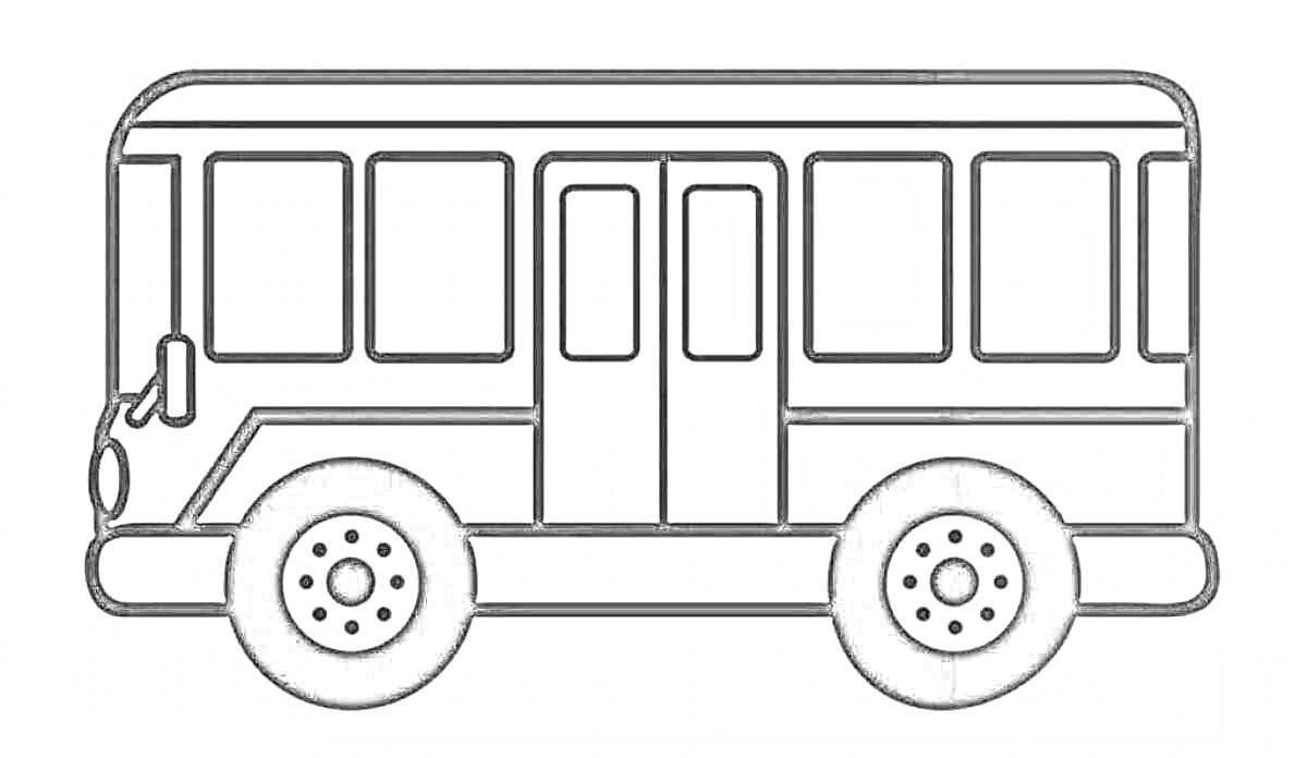 На раскраске изображено: Автобус, Окна, Колёса, Транспорт, Для детей, Простая иллюстрация, Линии